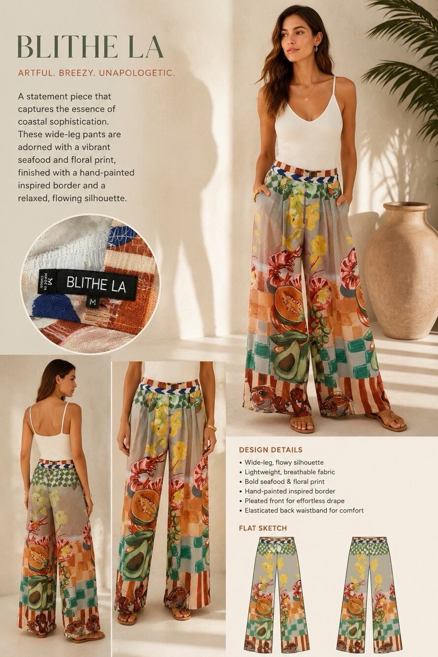 Blithe LA Women’s Wide Leg Palazzo Pants Tropical Seafood Print Size M